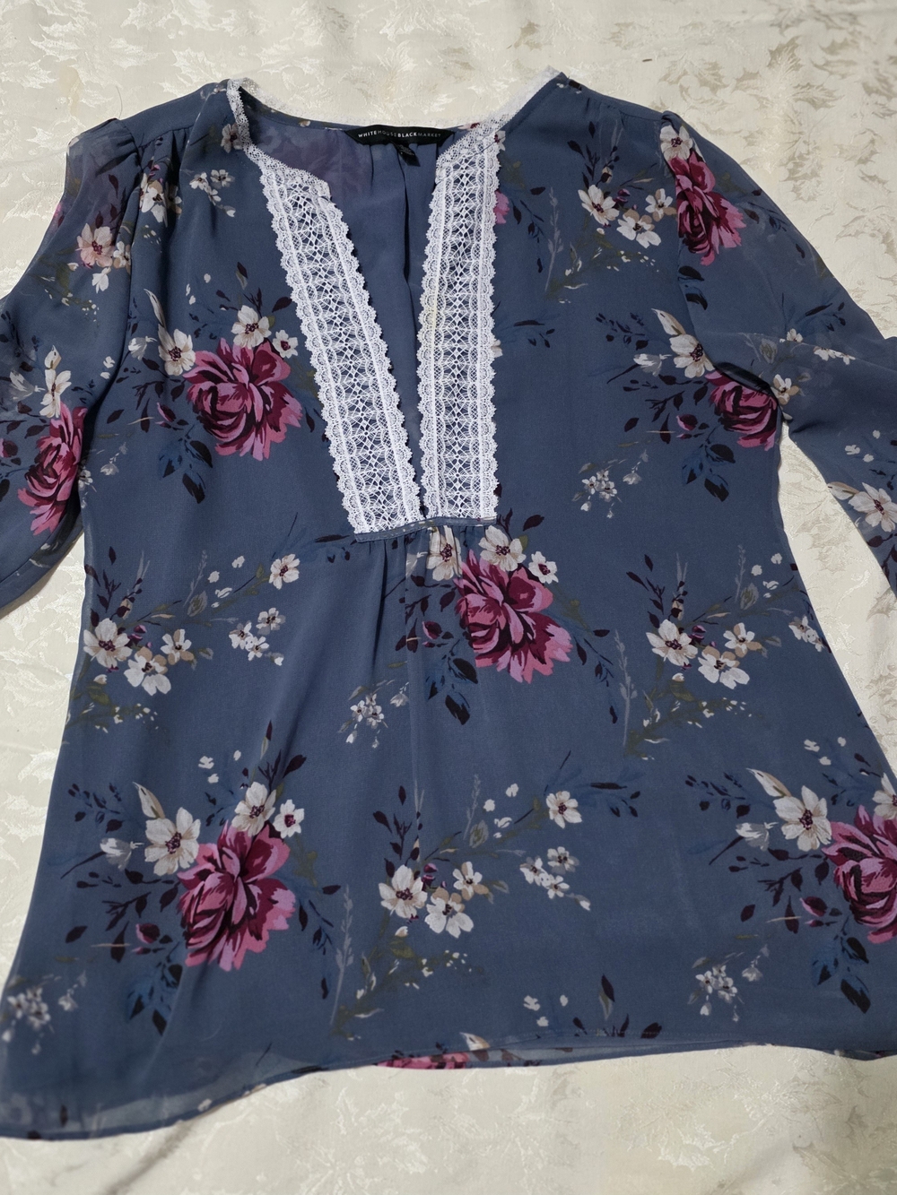 White House Black Market Blue Floral Lace-Trim Tunic